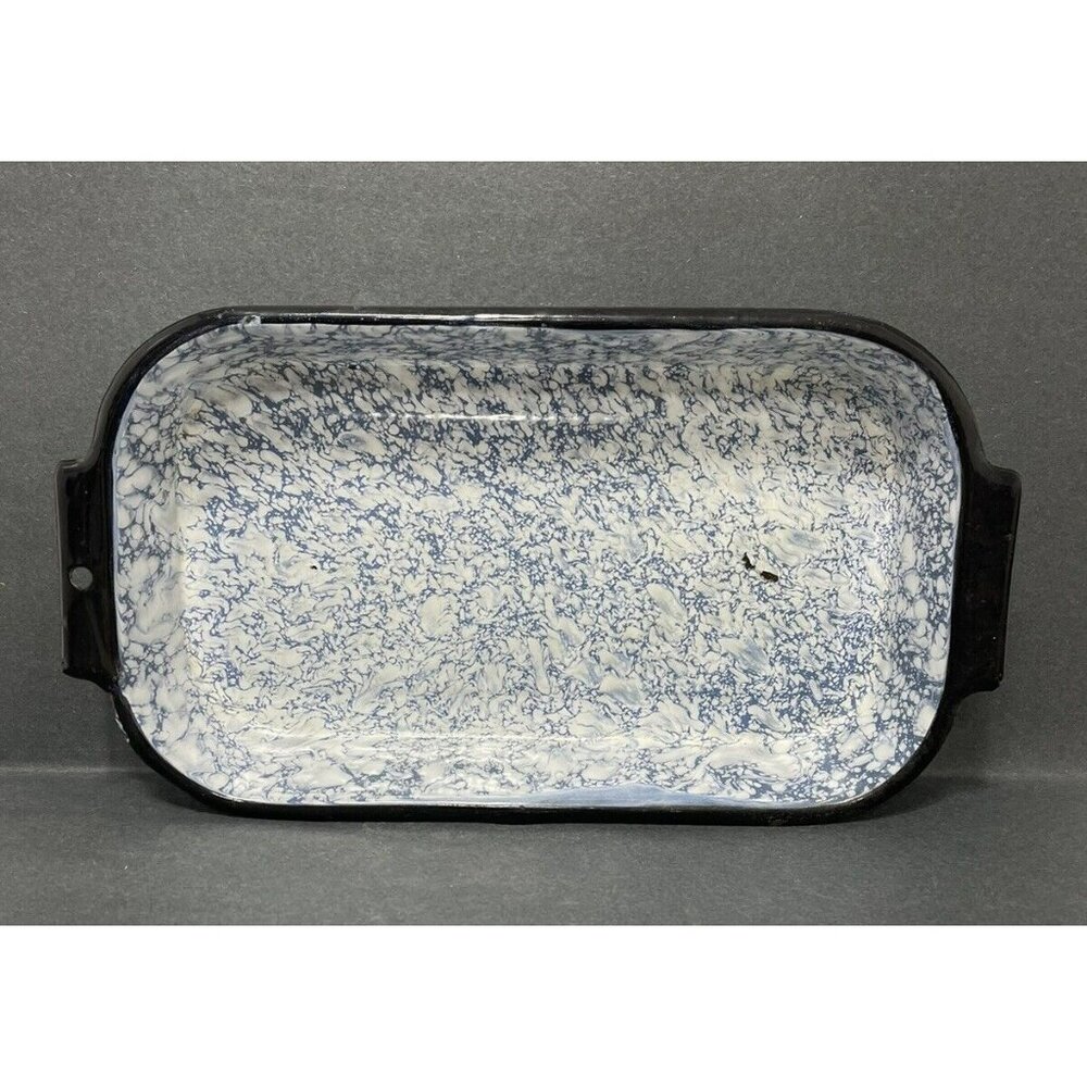 Antique Graniteware Fish Pan 8 x 15 x 2 Blue Grey Black Swirl Splatterware